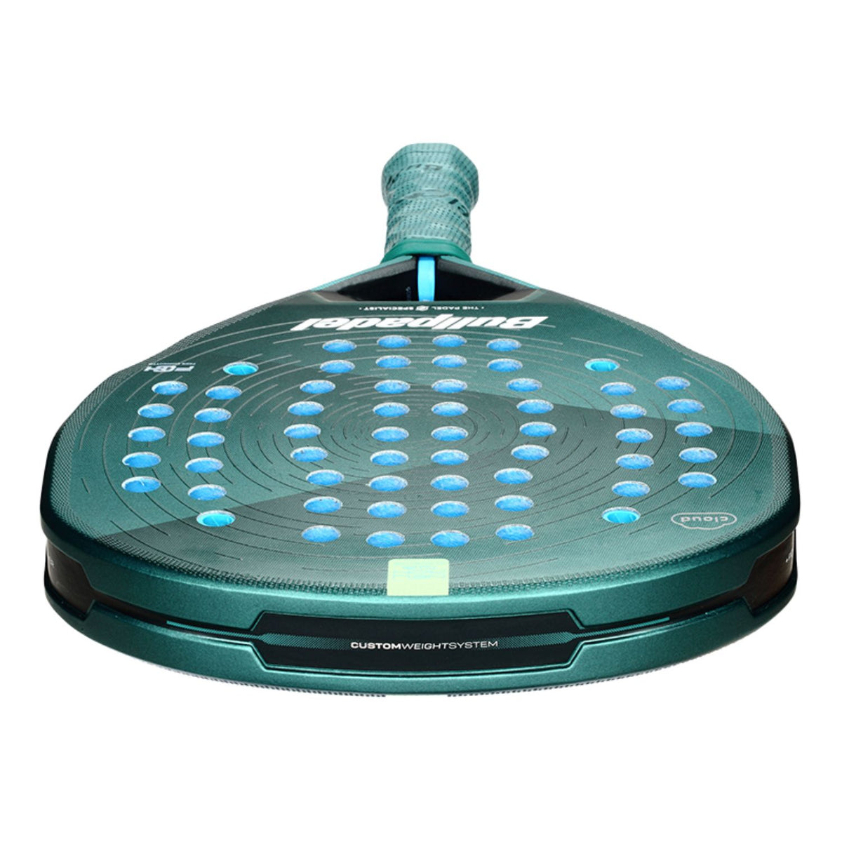 Bovenaanzicht van het Bullpadel Neuron Cloud 02 26 met groen slagvlak en blauwe gaten