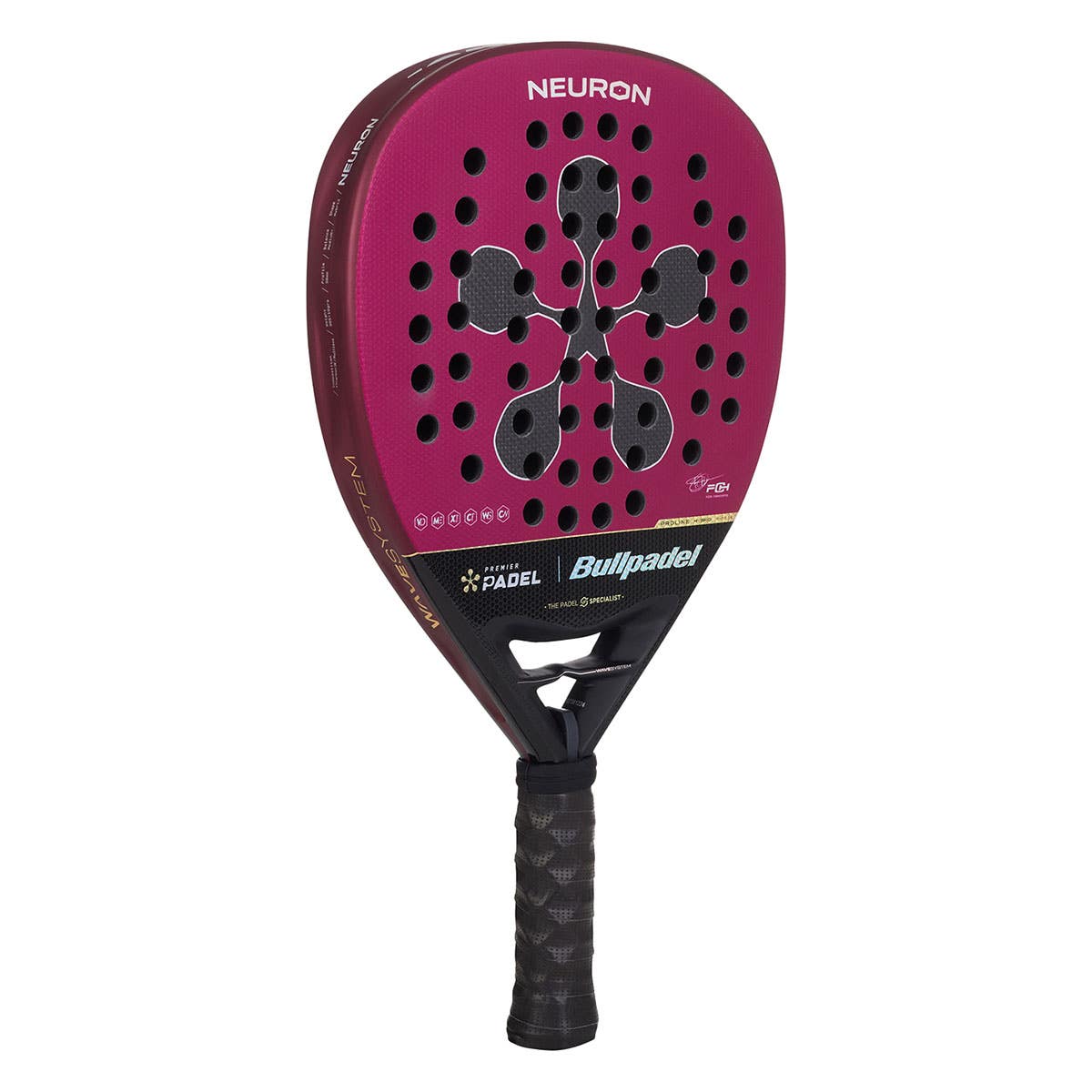 Bullpadel NEURON Premier schuin vooraanzicht, hybridevorm in donkerrood en zwart