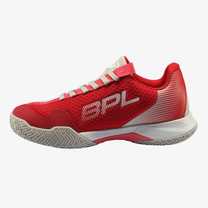 Rode Bullpadel Next Pro damesschoen met wit BPL-logo op de zijkant, schuin zijaanzicht