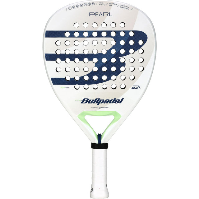 Bullpadel Pearl 25 dames padelracket in wit met donkerblauw patroon, vooraanzicht