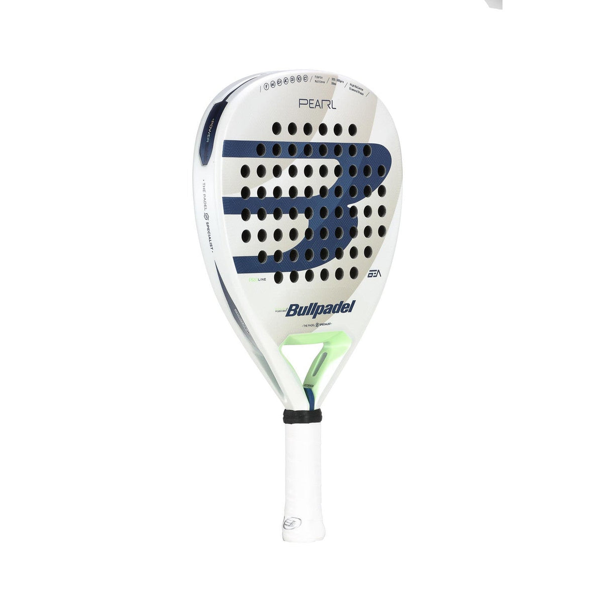 Bullpadel Pearl 25 padelracket schuin vooraanzicht, diamantvorm in wit met blauw