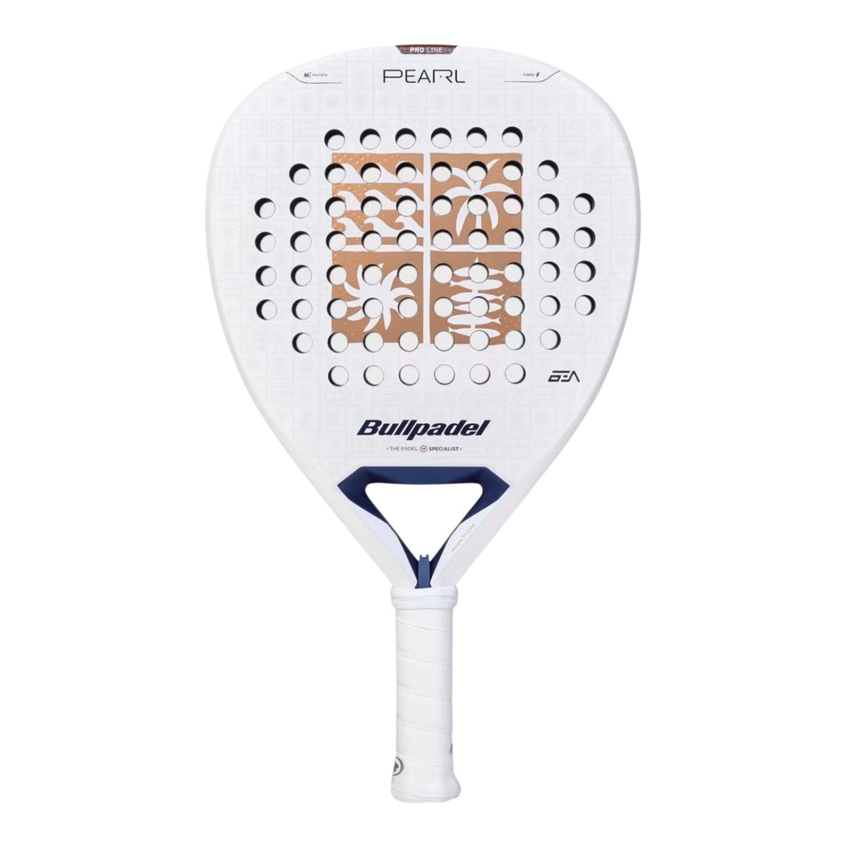 Bullpadel Pearl 27 padelracket schuin vooraanzicht, diamantvorm in wit en koper