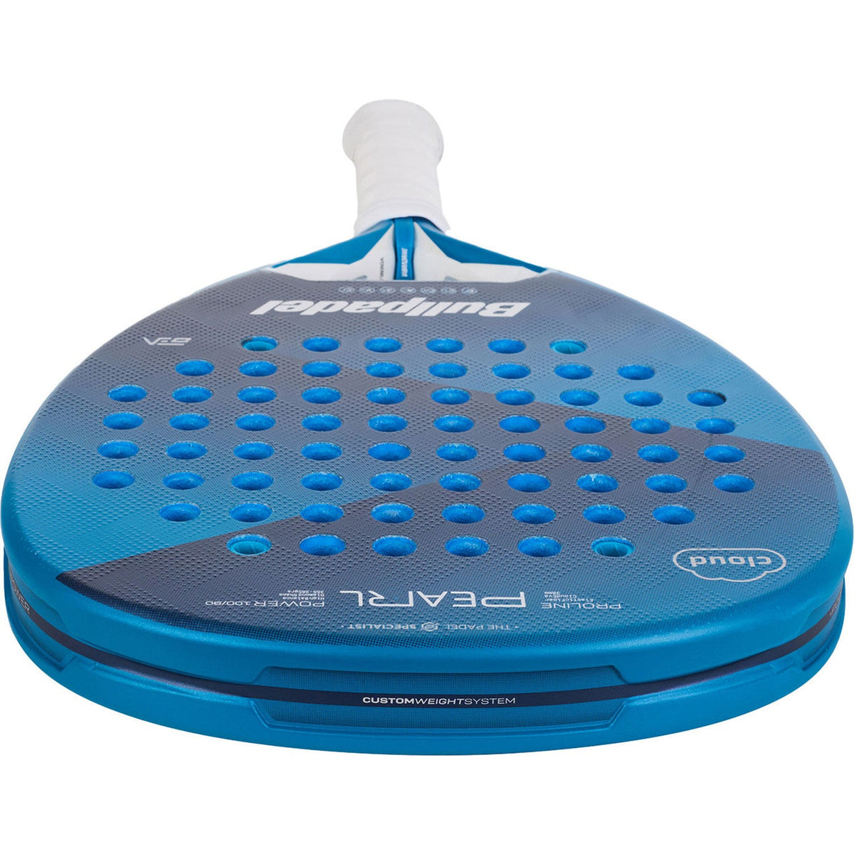 Achterzijde van het Bullpadel Pearl Cloud 25 in blauw met de opdruk PEARL