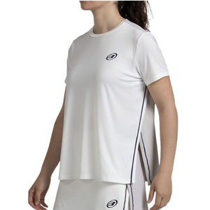 Schuin vooraanzicht van het witte Bullpadel Picase T-shirt met bies op de zijnaad