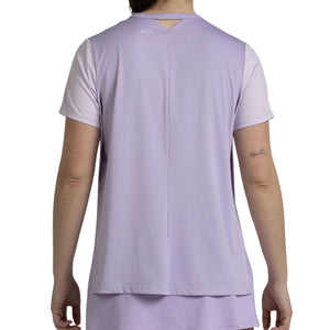 Achterzijde van het lila Bullpadel Picase T-shirt met ronde hals op het model