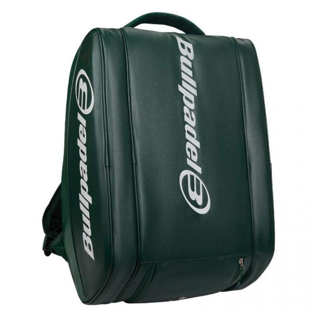 Rechtopstaande donkergroene Bullpadel Icon 2026 racketbag met witte letters.