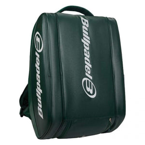 Rechtopstaande donkergroene Bullpadel Icon 2026 racketbag met witte letters.