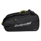 Zijaanzicht van de zwarte Bullpadel XPLO 2026 racketbag met limegroene accenten en grijs logo