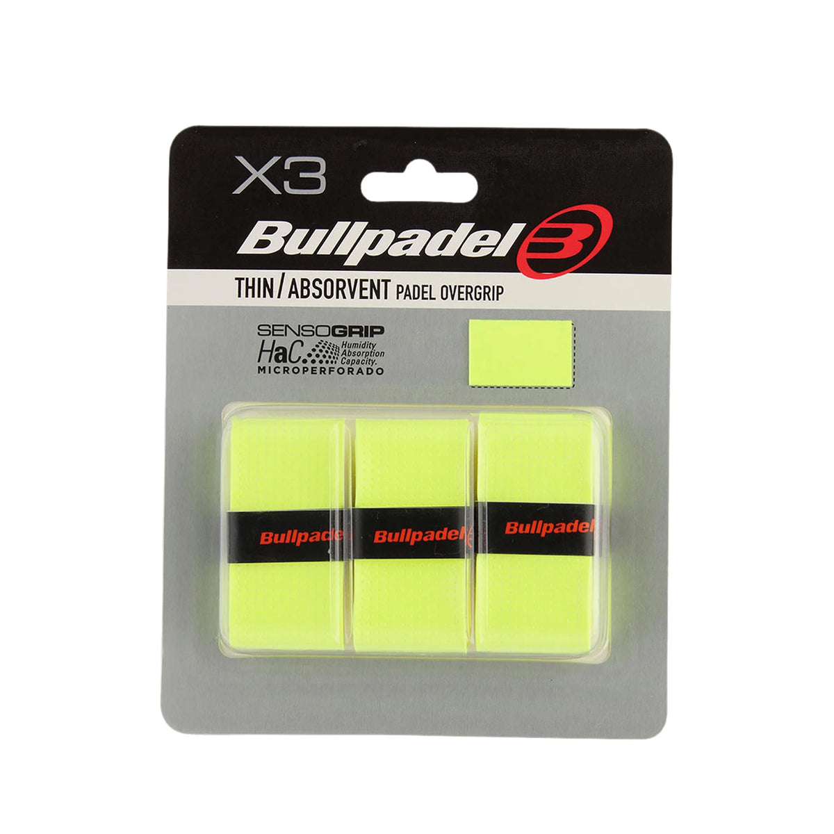 Bullpadel Senso overgrips Sulfur Yellow, verpakking met drie fluorgele overgrips