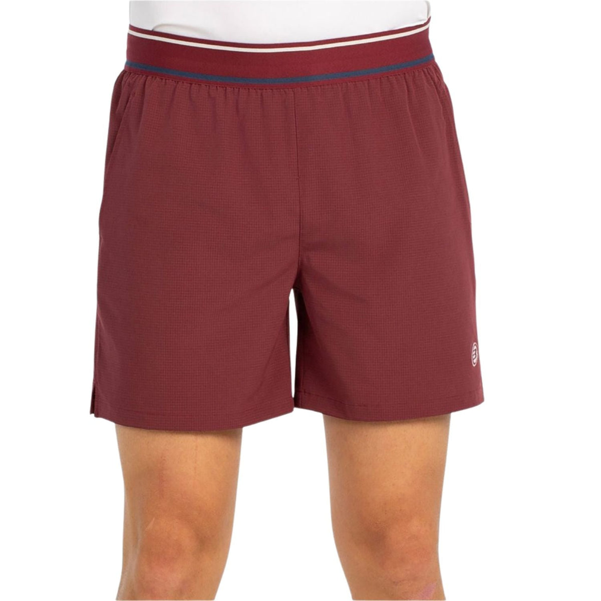 Bordeauxrode Bullpadel Alu padelshort voor heren met zijzak en logo op de pijp