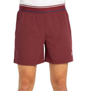 Bordeauxrode Bullpadel Alu padelshort voor heren met zijzak en logo op de pijp