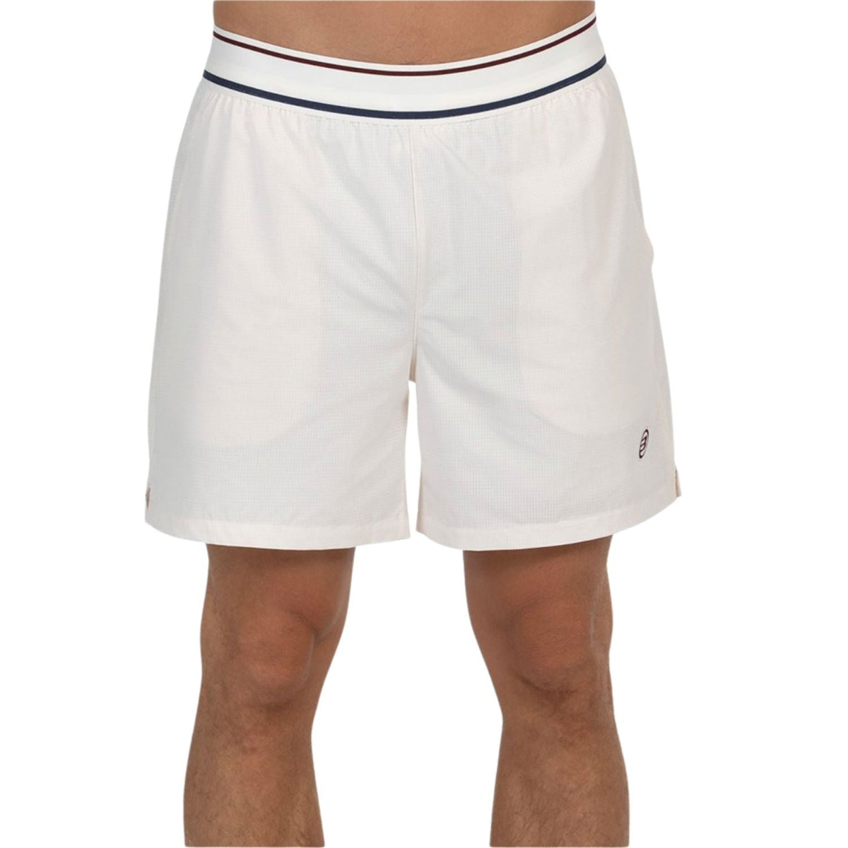 Bullpadel Alu short voor heren in wit, vooraanzicht met donkerblauwe tailleband