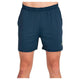 Vooraanzicht van de donkerblauwe Bullpadel Short Lijar met elastische taille en geel logo