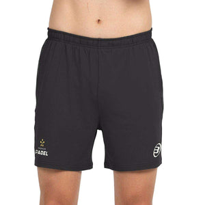Bullpadel Preux short voor heren in zwart, vooraanzicht met gouden detail