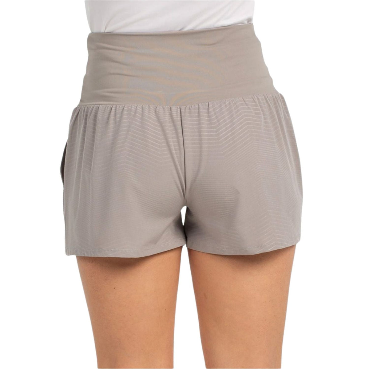 Achteraanzicht van de lichtgrijze Bullpadel Short W Enejo met hoge taille en losse pijpen