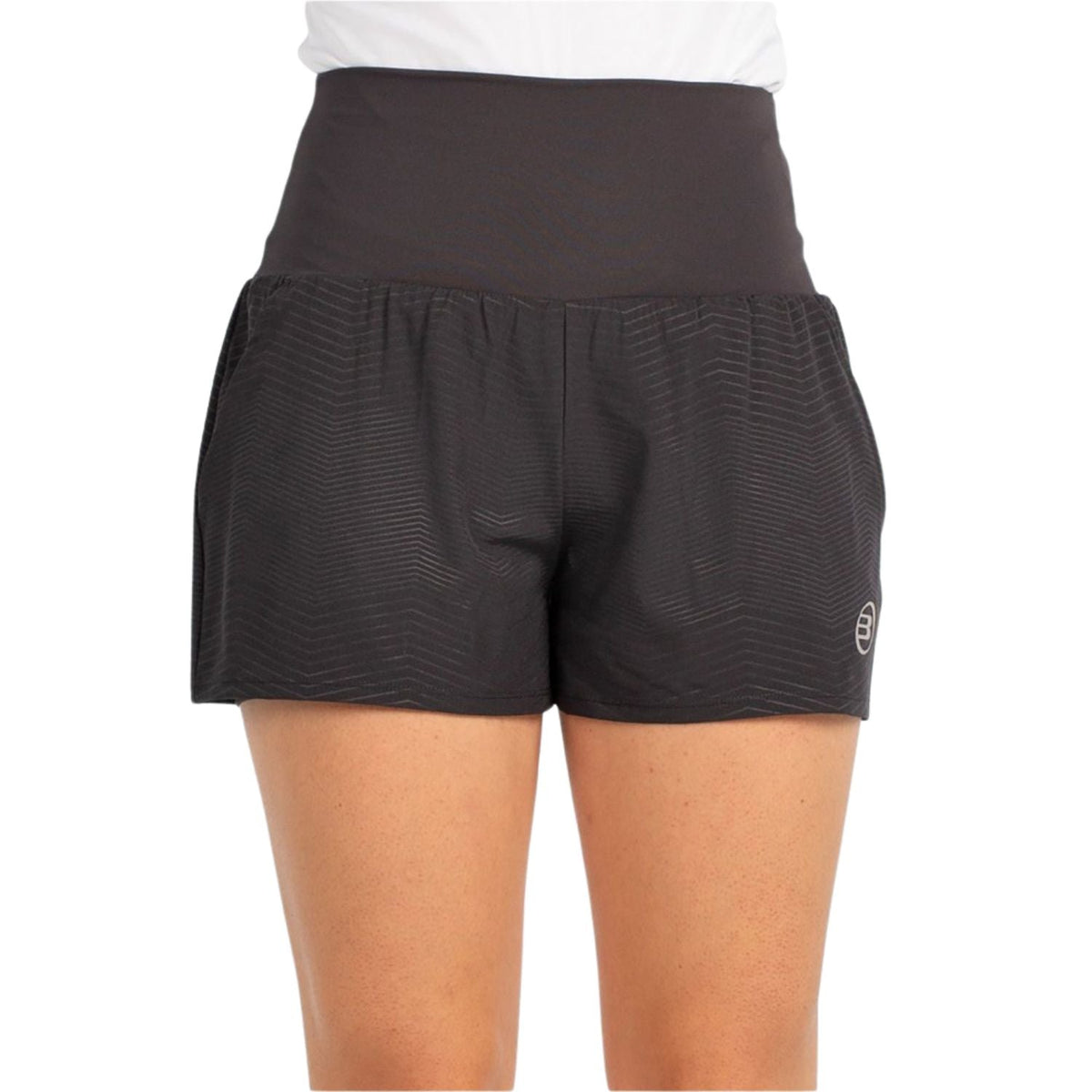 Vooraanzicht van de antracietgrijze Bullpadel Short W Enejo met logo op de linkerpijp
