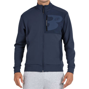 Vooraanzicht van het donkerblauwe Bullpadel Sweatshirt Breen met rits en borstprint