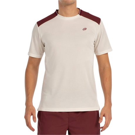 Vooraanzicht van het gebroken witte Bullpadel T-Shirt Acrux met bordeaux schoudervlakken