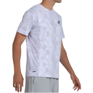 Zijaanzicht van het witte Bullpadel T-Shirt Macondo met zwart logo op de borst