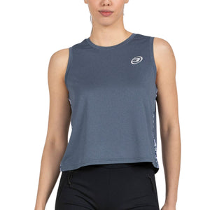 Vooraanzicht van de grijsblauwe Bullpadel W Palacel tanktop met wit logo op de borst
