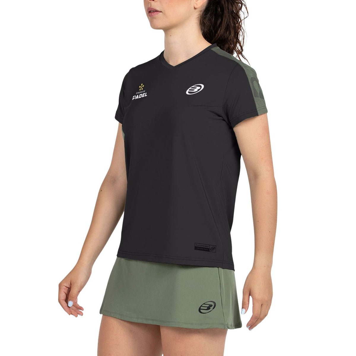 Zwart Bullpadel Pampan T-shirt van opzij met groen schouderpaneel