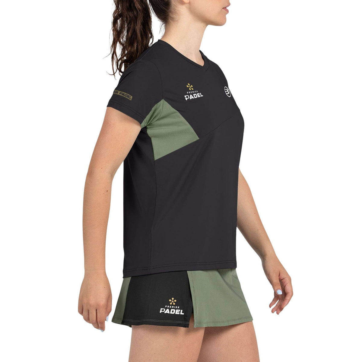 Zwart Bullpadel Pampan T-shirt schuin met groene driehoek op de mouw