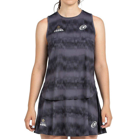 Bullpadel Parnav mouwloos shirt voor dames in zwart met print, vooraanzicht