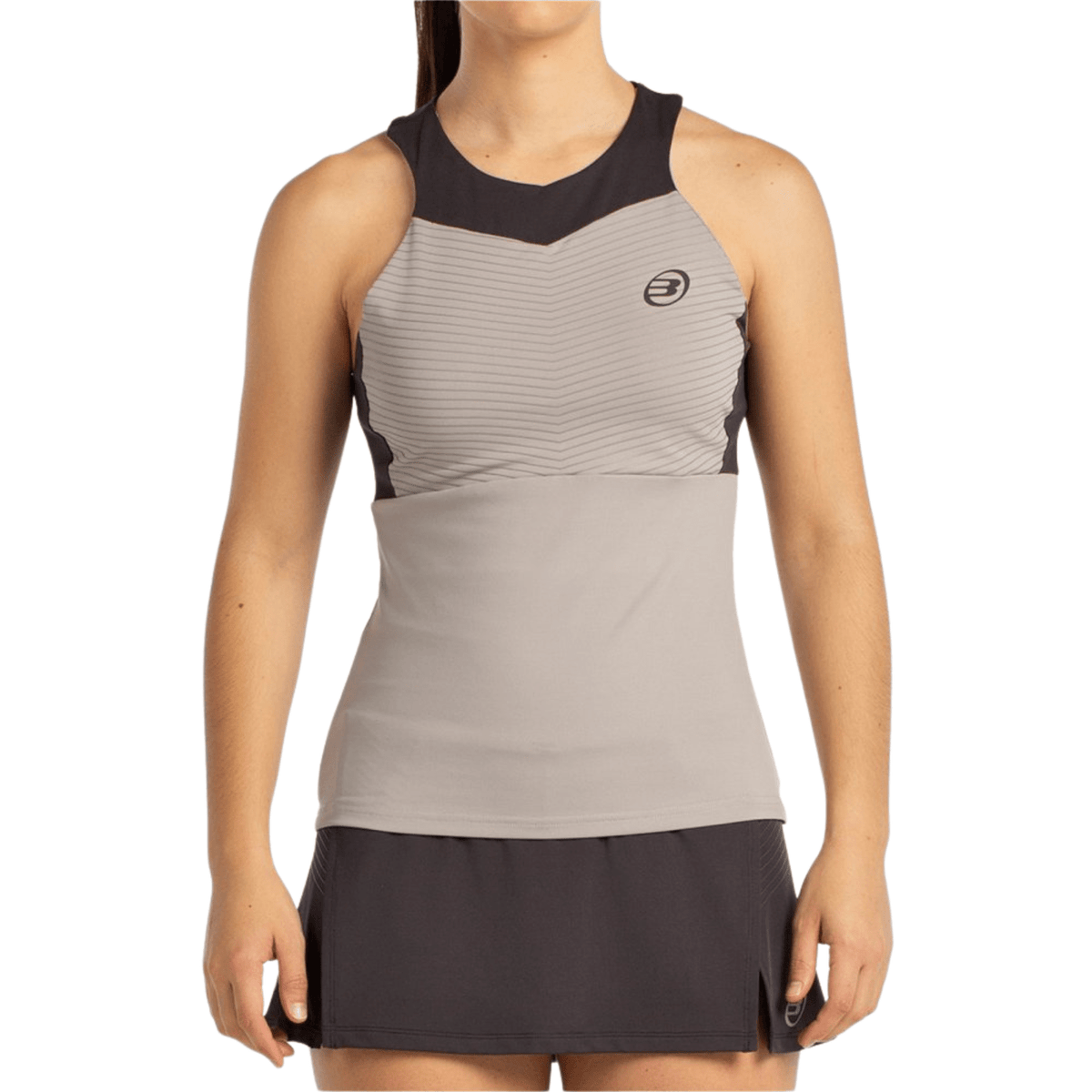 Vooraanzicht van de taupegrijze Bullpadel Tanktop W Erare met zwart schouderjuk