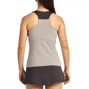 Achterzijde van de taupegrijze Bullpadel Tanktop W Erare met racerback en zwart juk