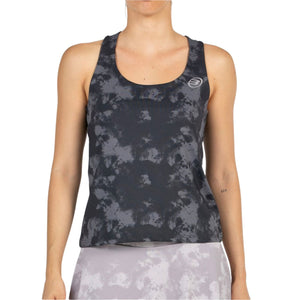 Bullpadel Exoro tanktop voor dames in zwart met wolkenprint, vooraanzicht met logo