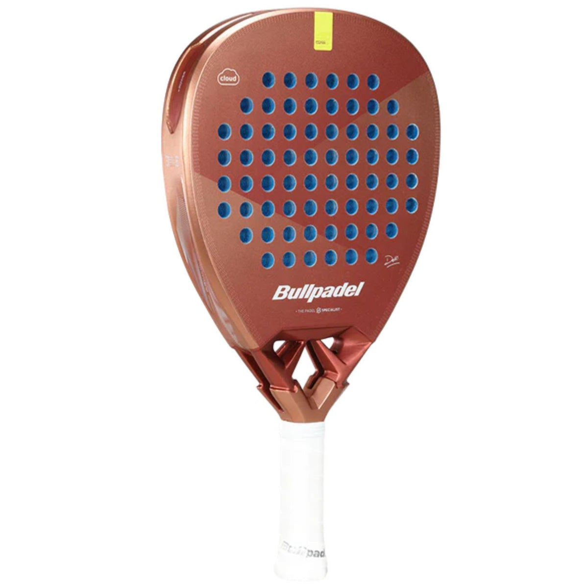 Racchetta da padel Bullpadel Vertex 05 W Cloud 26, vista frontale obliqua, forma a diamante in rosso ruggine
