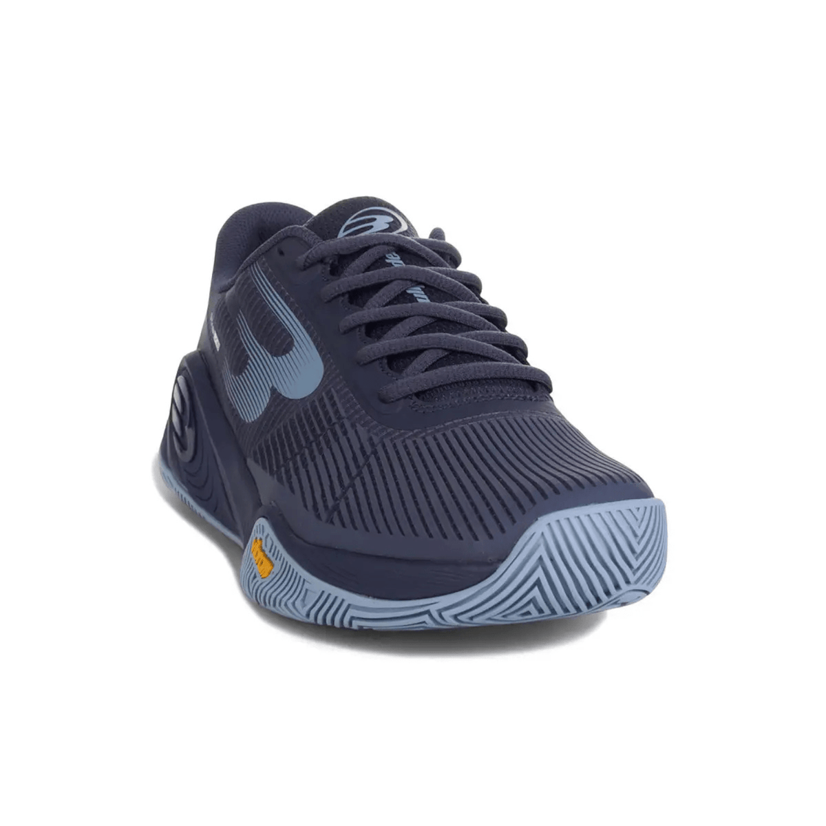 Schuin vooraanzicht van de donkerblauwe Bullpadel Vertex Vibram 25I