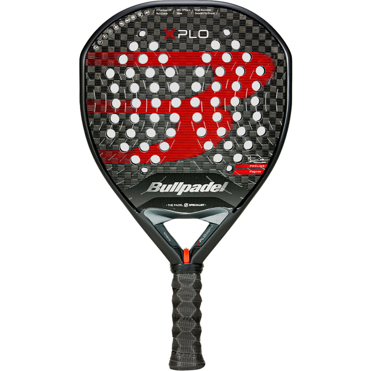Bullpadel XPLO 25 padelracket in zwart met rood stippenpatroon, vooraanzicht