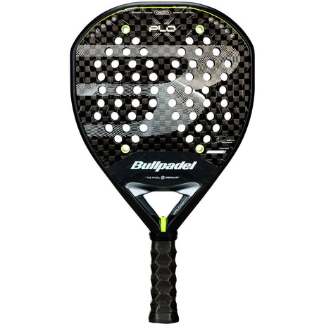 Bullpadel XPLO 26 padelracket in zwart met witte strepen en limegroen accent, vooraanzicht