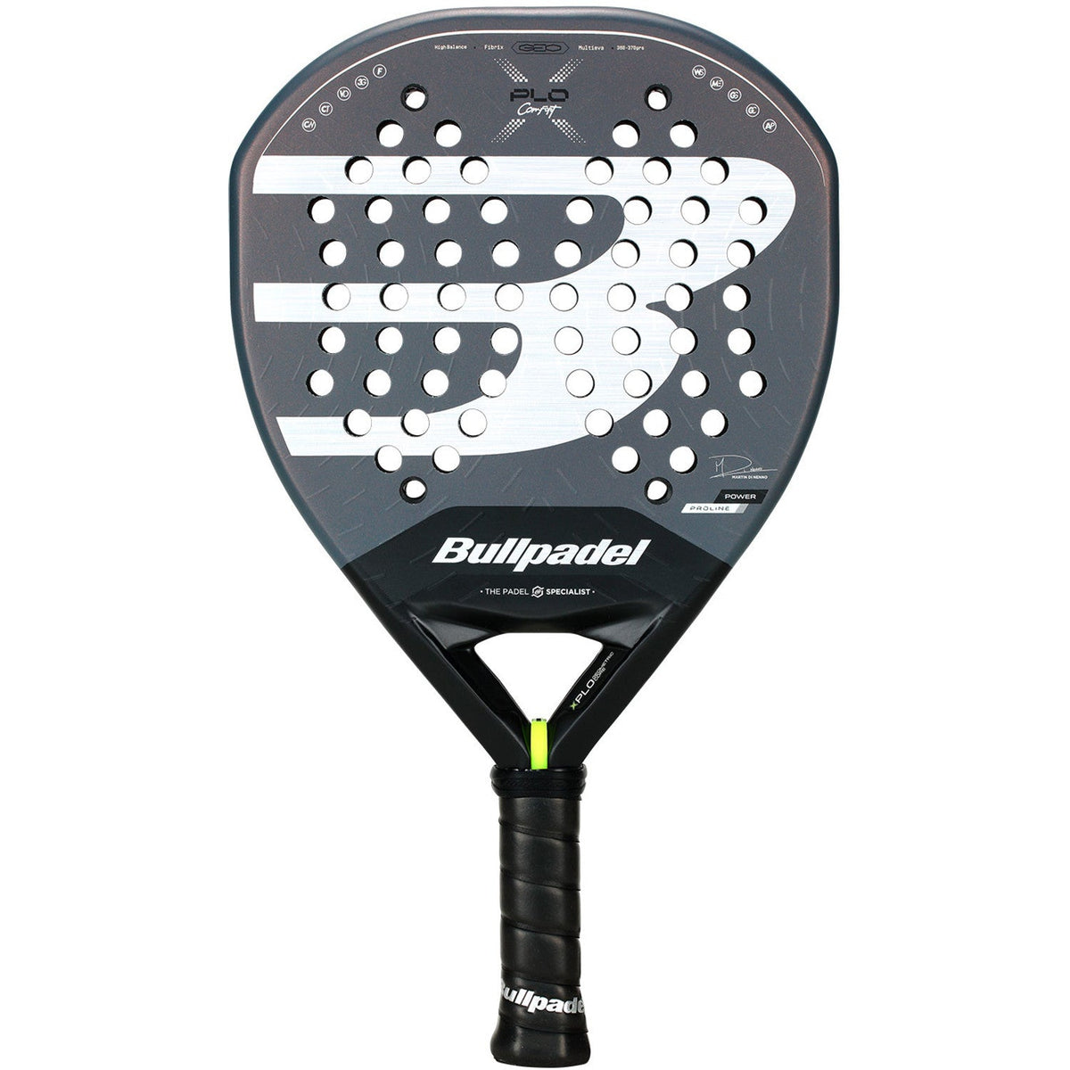Bullpadel XPLO Comfort 26 padelracket in donkergrijs met witte strepen, vooraanzicht