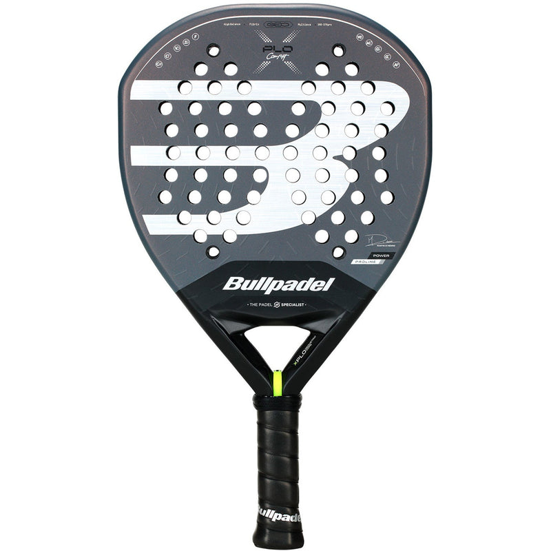 Bullpadel XPLO Comfort 26 padelracket in donkergrijs met witte strepen, vooraanzicht