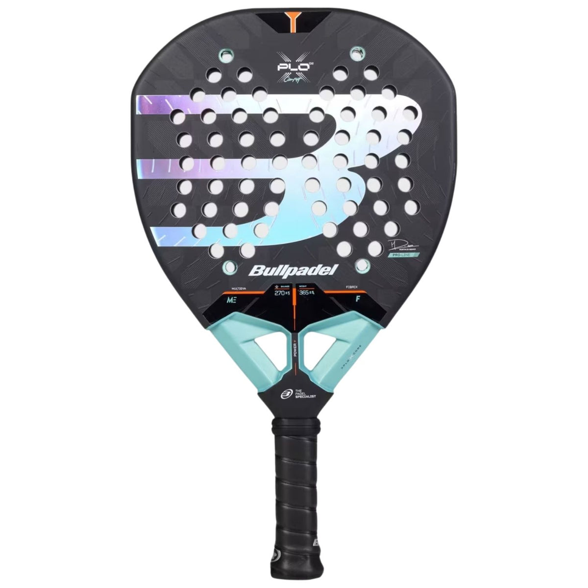 Bullpadel XPLO Comfort 27 padelracket in zwart met turquoise en regenboogaccenten, vooraanzicht