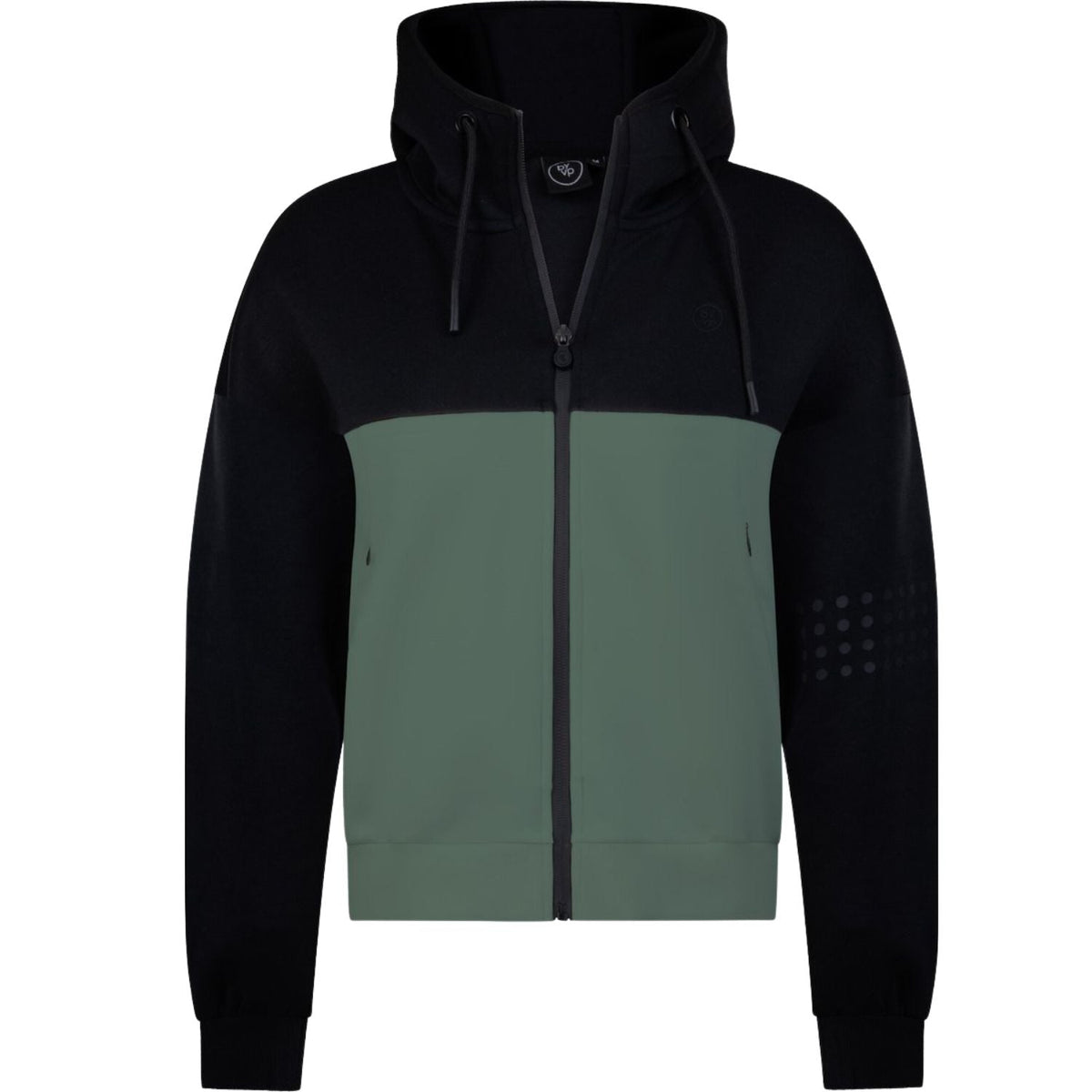 Vooraanzicht van het zwarte By VP zip jacket met groen vlak en zwarte capuchon
