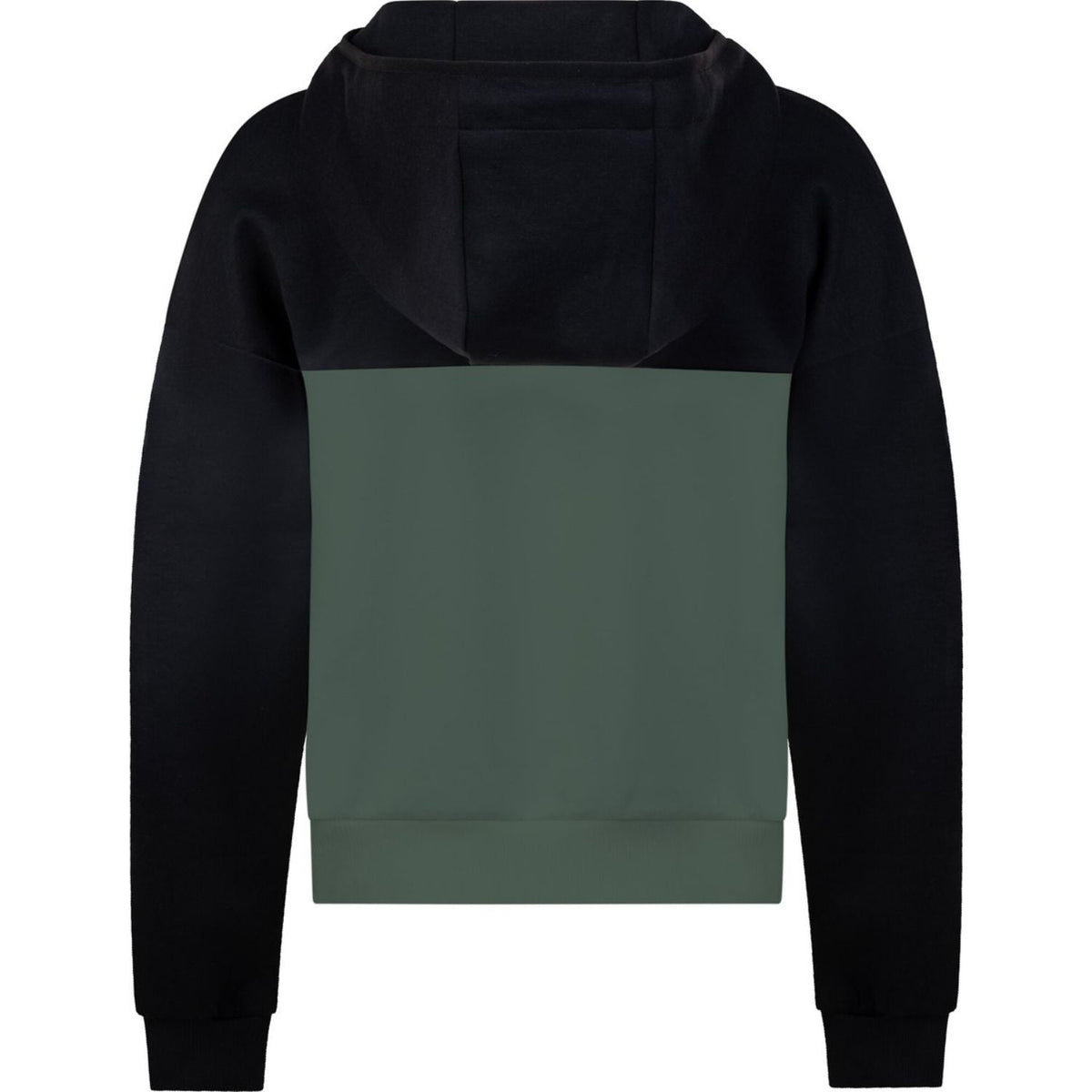 Achterzijde van het zwarte By VP zip jacket met groen vlak over de onderrug