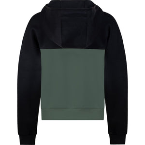 Achterzijde van het zwarte By VP zip jacket met groen vlak over de onderrug