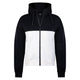 Vooraanzicht van het zwart-witte By VP zip jacket met rits en stippenprint op de mouw