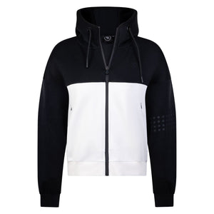 Vooraanzicht van het zwart-witte By VP zip jacket met rits en stippenprint op de mouw