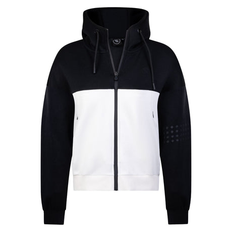 Vooraanzicht van het zwart-witte By VP zip jacket met rits en stippenprint op de mouw