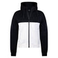 Vooraanzicht van het zwart-witte By VP zip jacket met rits en stippenprint op de mouw