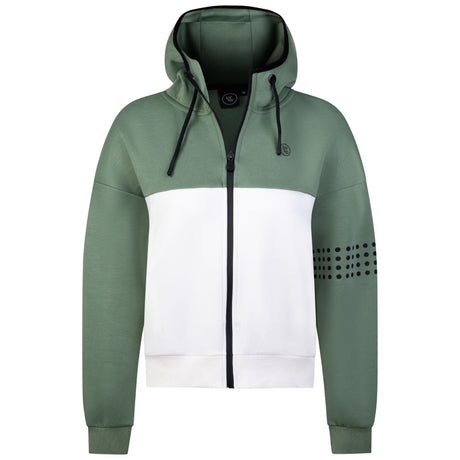 Vooraanzicht van het groen-witte By VP zip jacket voor dames met stippenprint
