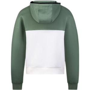 Achterzijde van het groen-witte By VP zip jacket met capuchon en witte baan