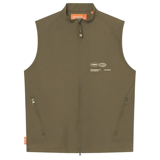 Vooraanzicht van het olijfgroene Cuera Active Gilet met volledige rits en borstprint