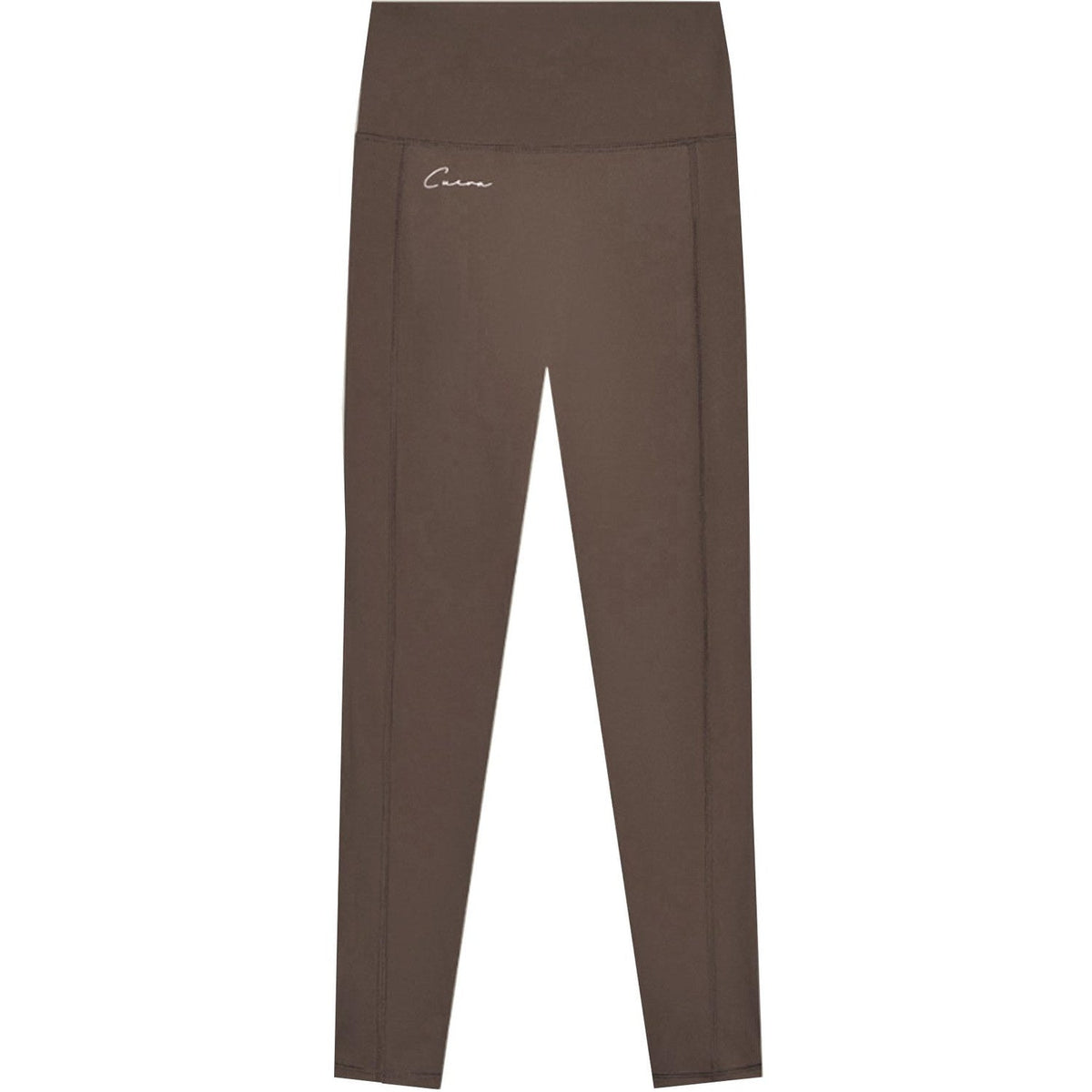 Vooraanzicht van de bruine Cuera Active Logo Tights met hoge taille en klein logo