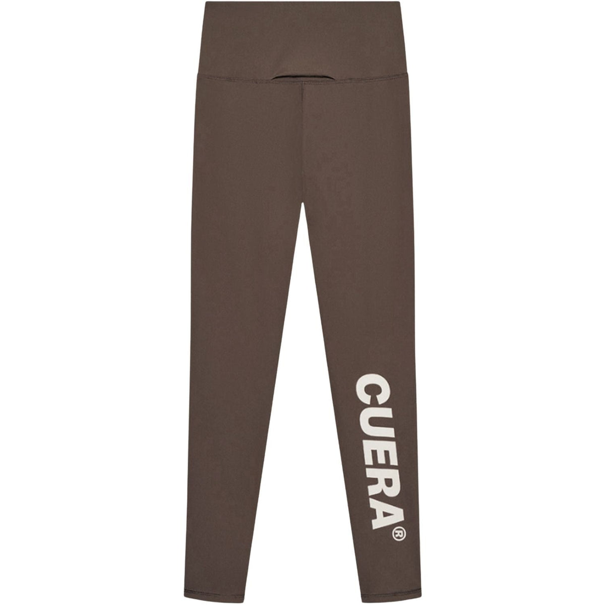 Achterzijde van de bruine Cuera Active Logo Tights met witte CUERA-opdruk op de pijp