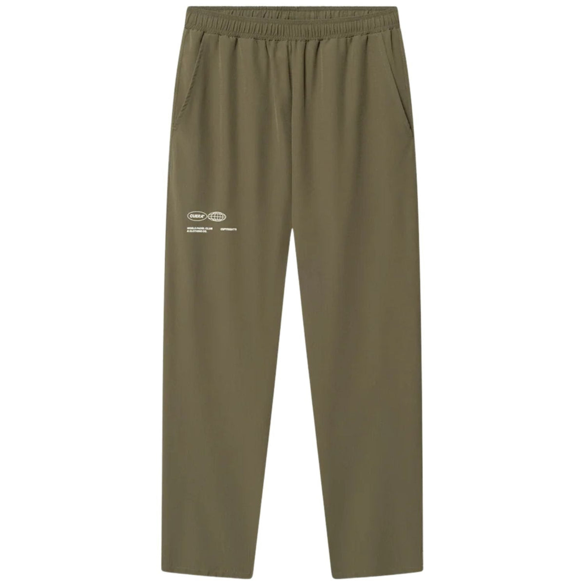 Cuera Active trackpants in olijfgroen, vooraanzicht plat gelegd met logoprint